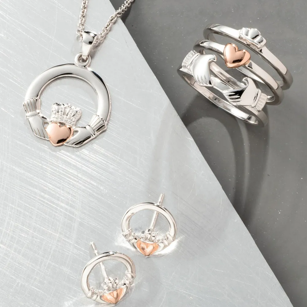 Claddagh Earrings Sterling Silver & Rose Gold<Galway Crystal Online