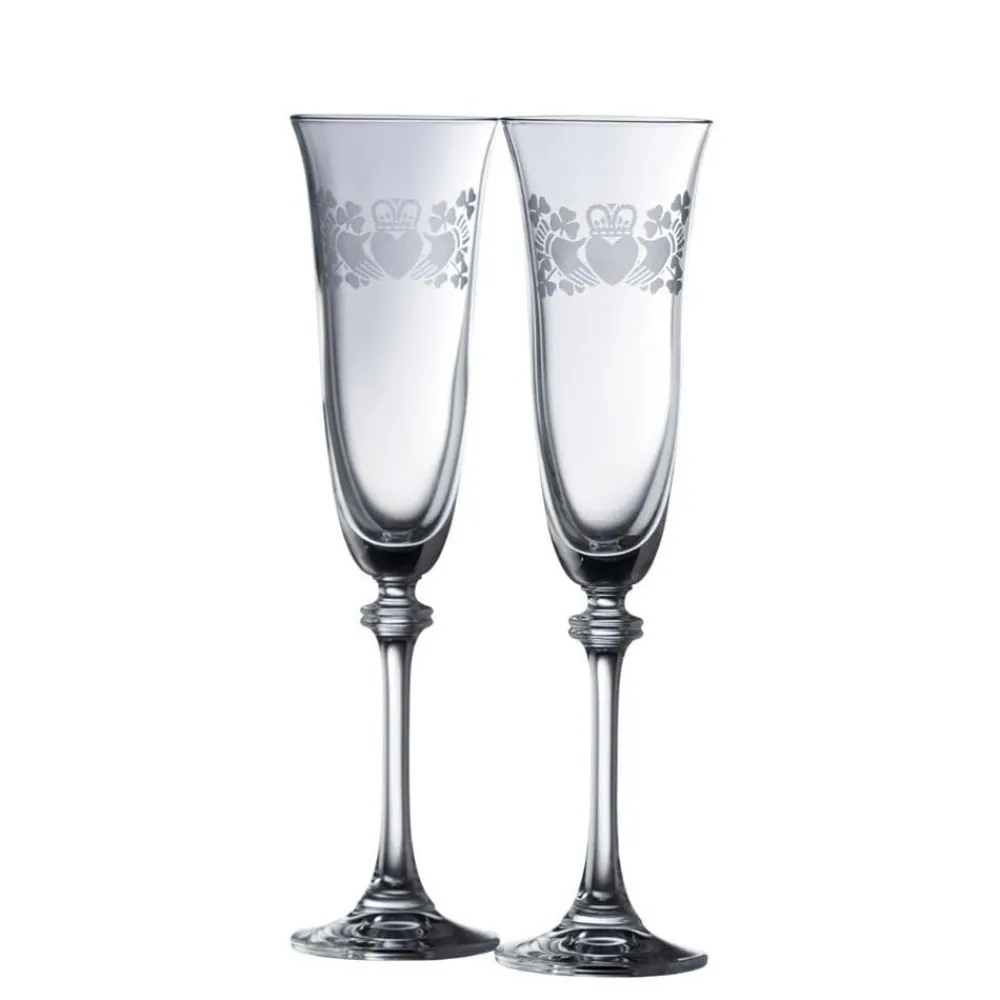 Claddagh Ring Shamrock Liberty Flute Glass Pair<Galway Crystal Outlet