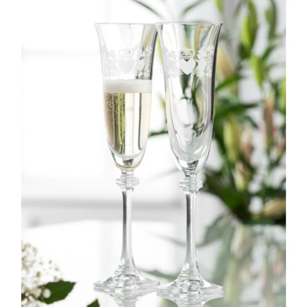 Claddagh Ring Shamrock Liberty Flute Glass Pair<Galway Crystal Outlet