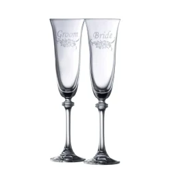 Floral Bride & Groom Liberty Flute Glass Pair<Galway Crystal