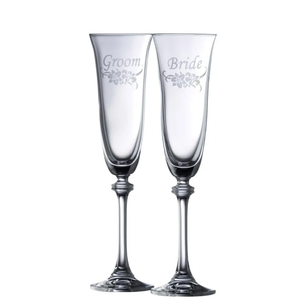 Floral Bride & Groom Liberty Flute Glass Pair<Galway Crystal