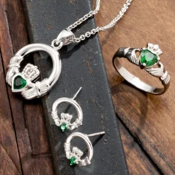 Green Crystal Claddagh Sterling Silver Ring<Galway Crystal Best