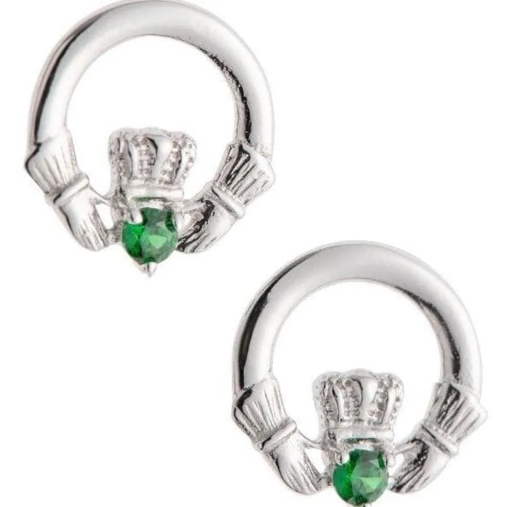 Green Crystal Claddagh Sterling Silver Earrings<Galway Crystal Hot