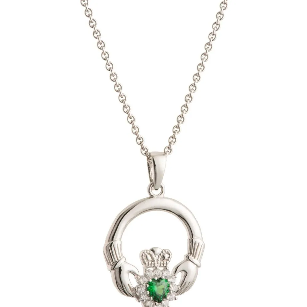 Green Crystal Sparkle Claddagh Silver Pendant<Galway Crystal Best