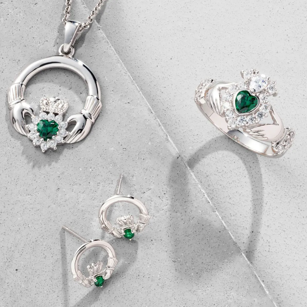 Green Crystal Sparkle Claddagh Silver Pendant<Galway Crystal Best