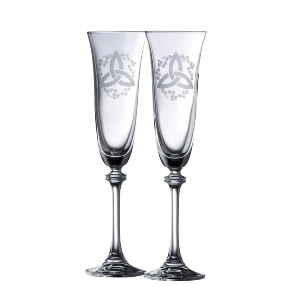 Trinity Knot Shamrock Liberty Flute Glass Pair<Galway Crystal New