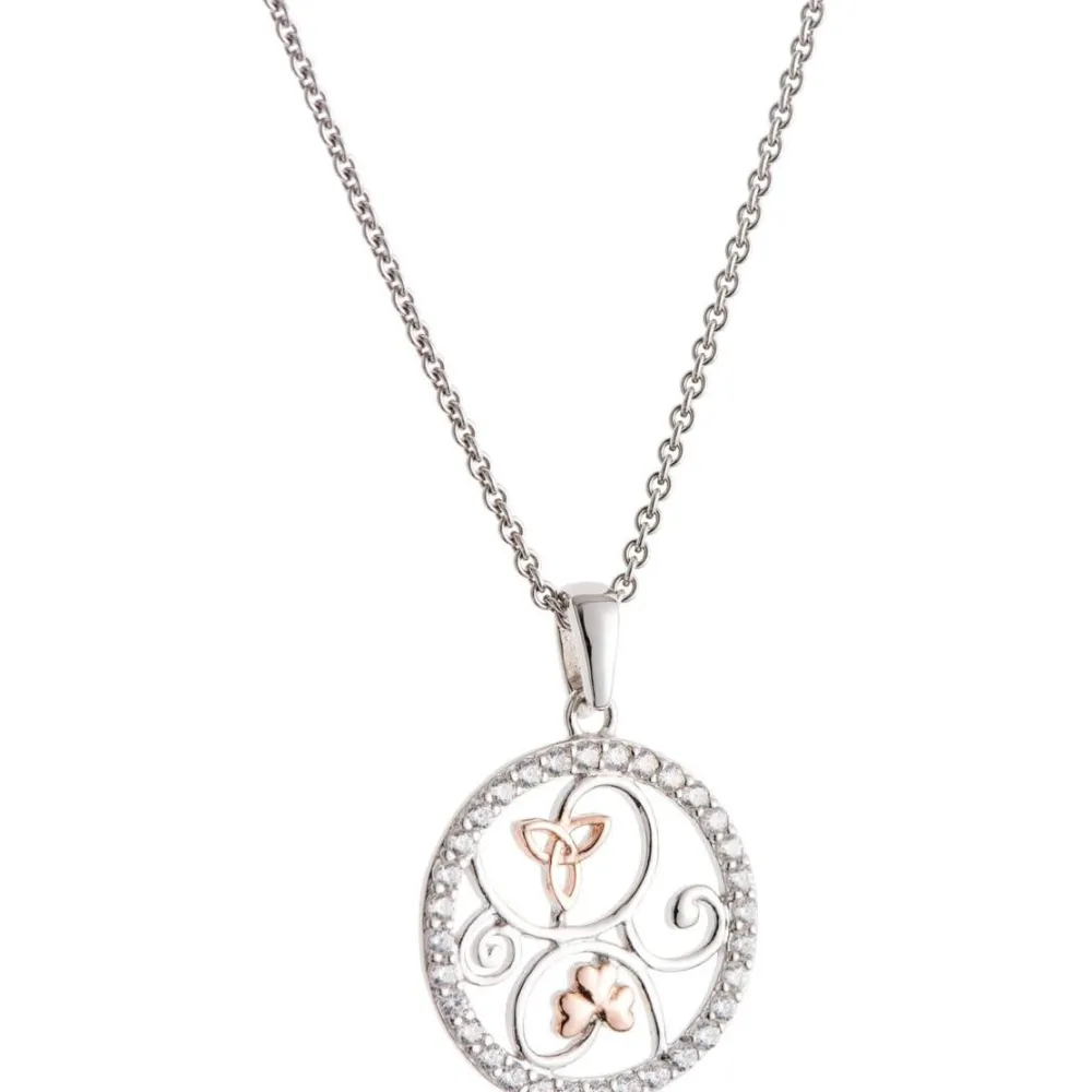 Trinity Knots & Shamrocks Rose Gold & Silver Pendant<Galway Crystal Best
