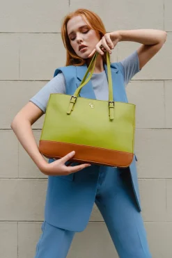 Two Tone Large Tote - Lime & Tan<Galway Crystal Online